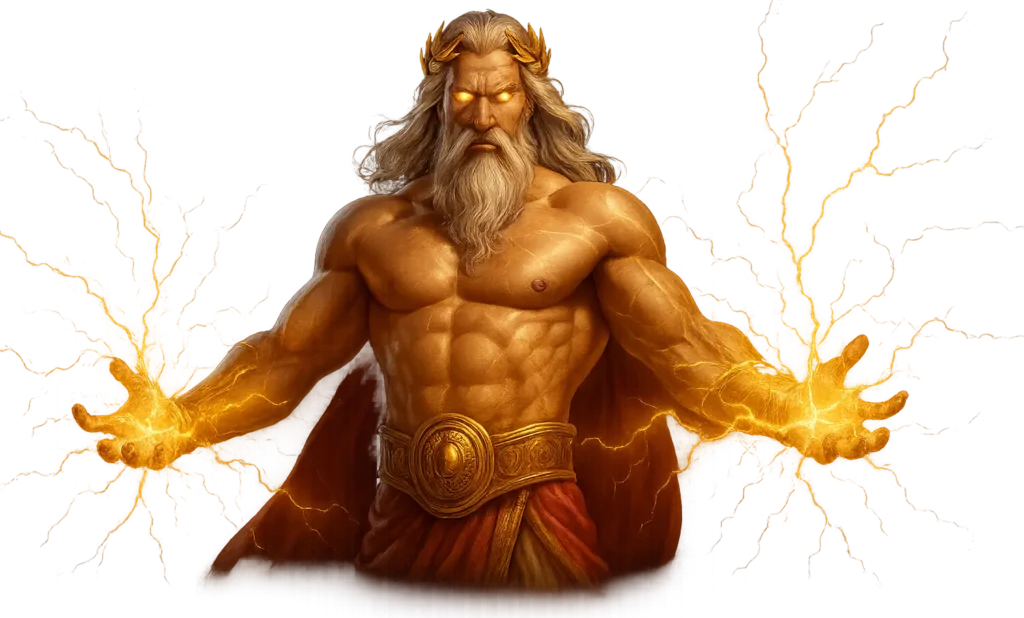 Zeus aus Gates of Olympus mit Blitzen im Hintergrund, Slot-Game Symbol